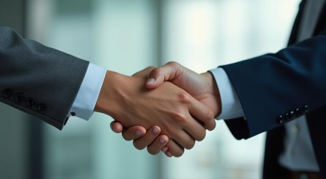 Professional handshake signifying successful talent acquisition.